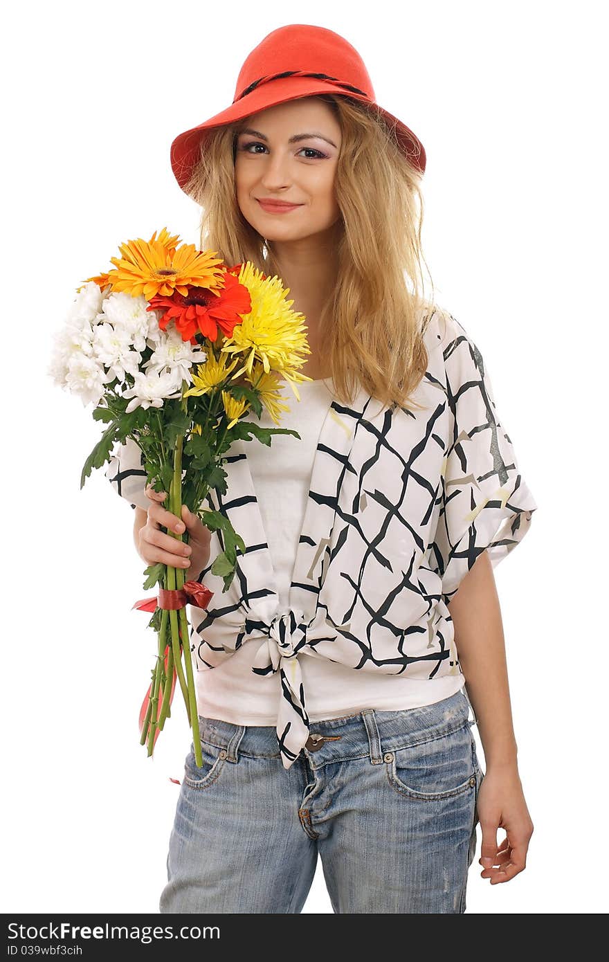 Beautiful blonde model with a bouquet of flowers. Isolated on white. Beautiful blonde model with a bouquet of flowers. Isolated on white.