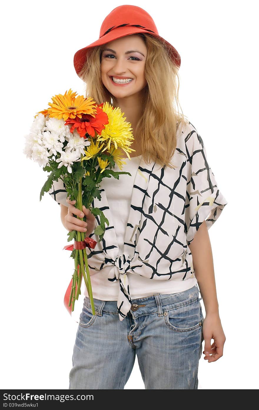 Joyful blonde model with a bouquet of flowers. Isolated on white. Joyful blonde model with a bouquet of flowers. Isolated on white.