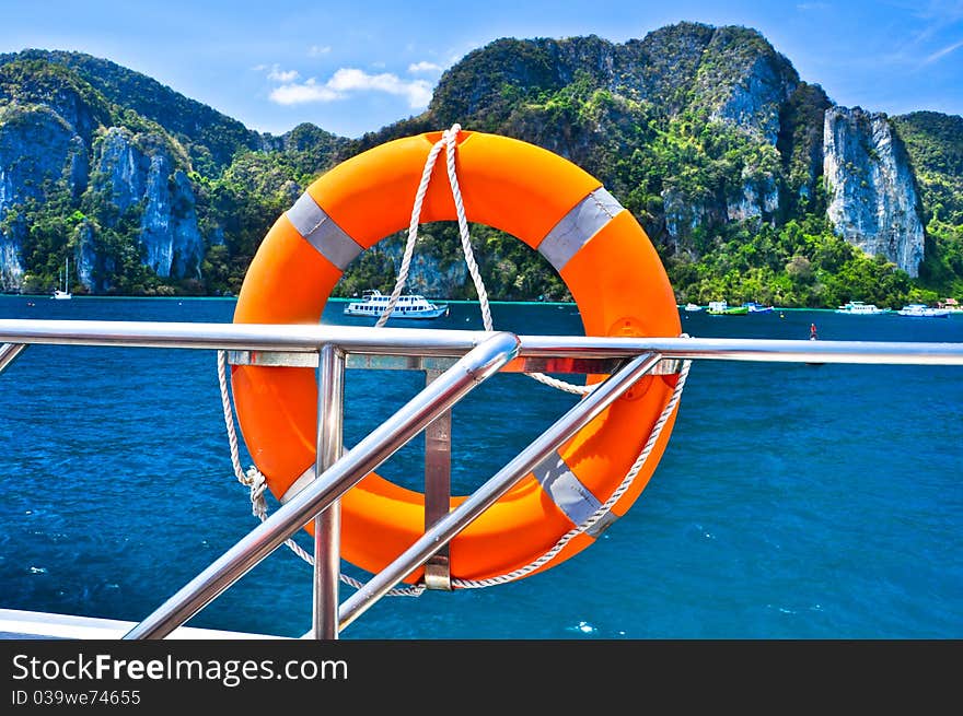 Lifebuoy on the boat at phi-phi island inthailand