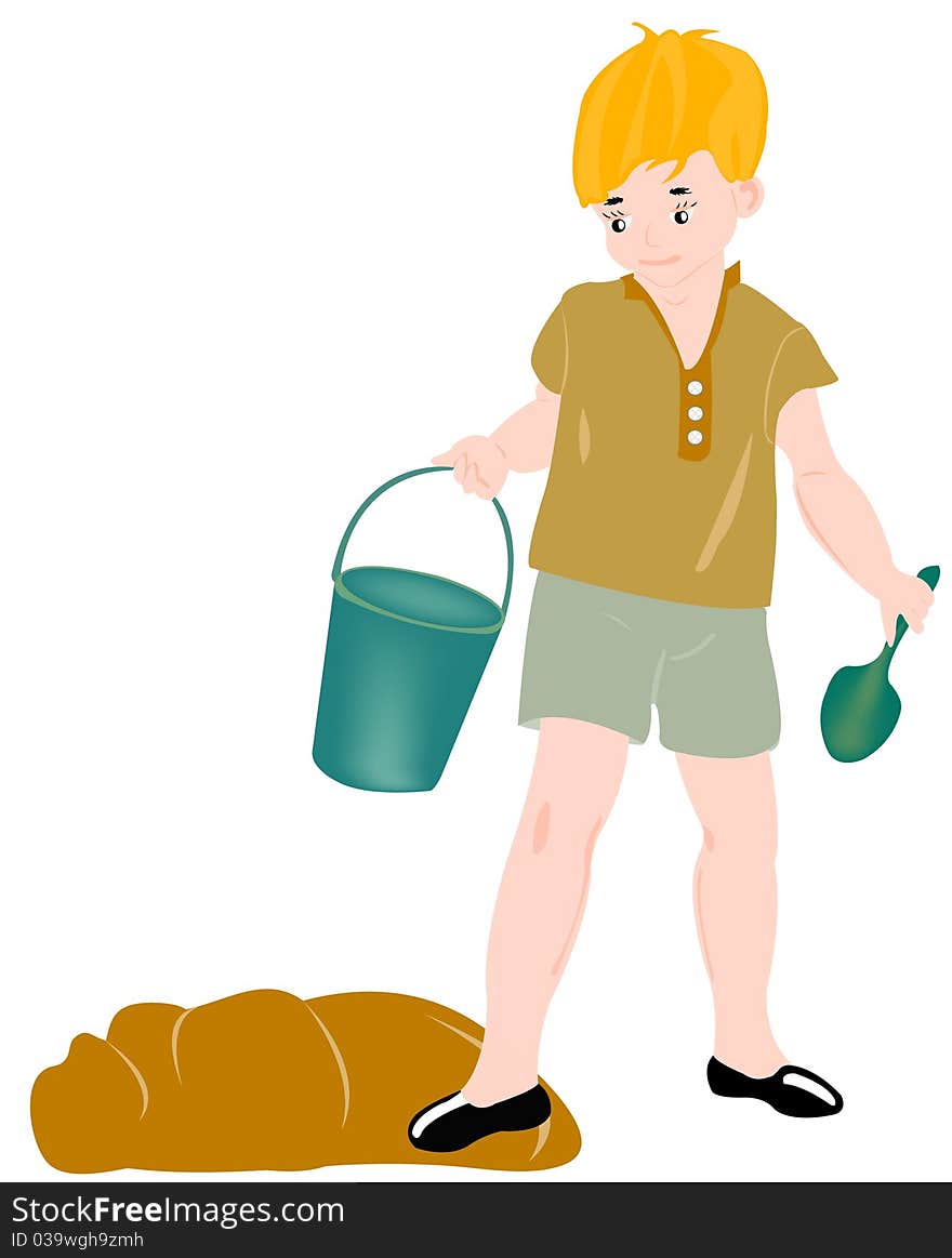 Boy with pail and and dustpan beside sandboxes. Boy with pail and and dustpan beside sandboxes