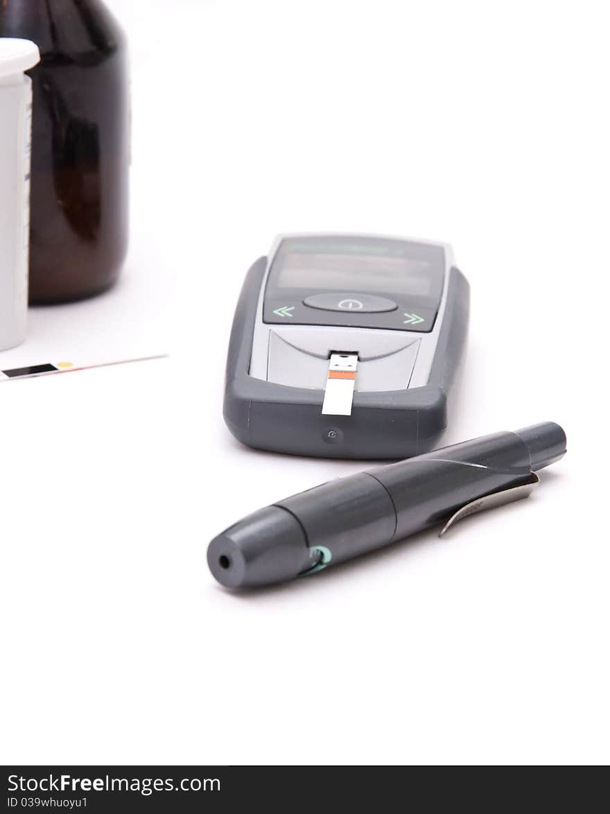 A diabetic glocometer blood sugar metering kit. A diabetic glocometer blood sugar metering kit.