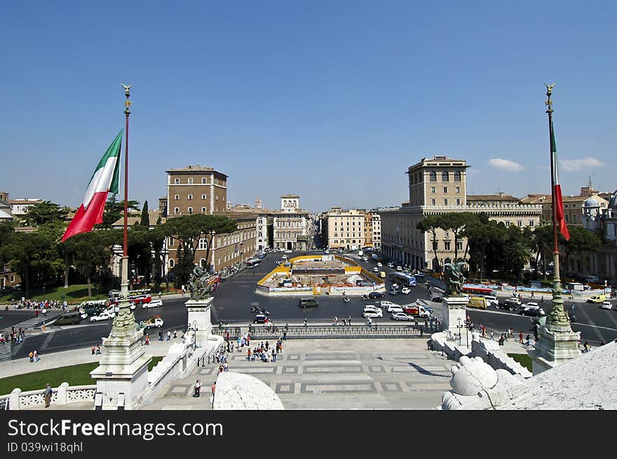 Overview of Piazza Venezia by the monument of Vittorio Emanuele II. Overview of Piazza Venezia by the monument of Vittorio Emanuele II