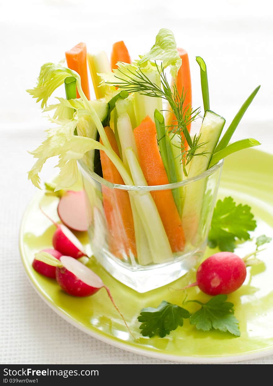 Delicious fresh vegetable appetizer in glass
