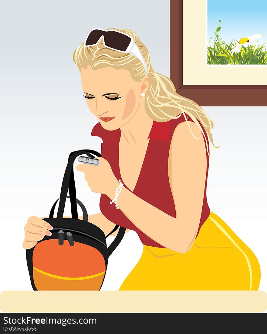 Young woman with a mobile telephone and backpack. Illustration