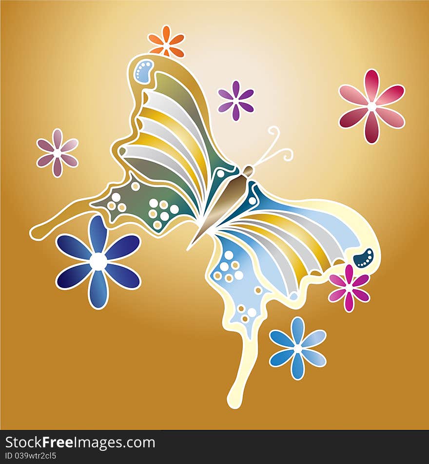 A large soft color butterfly with daisy-like flowers on a gold background. A large soft color butterfly with daisy-like flowers on a gold background