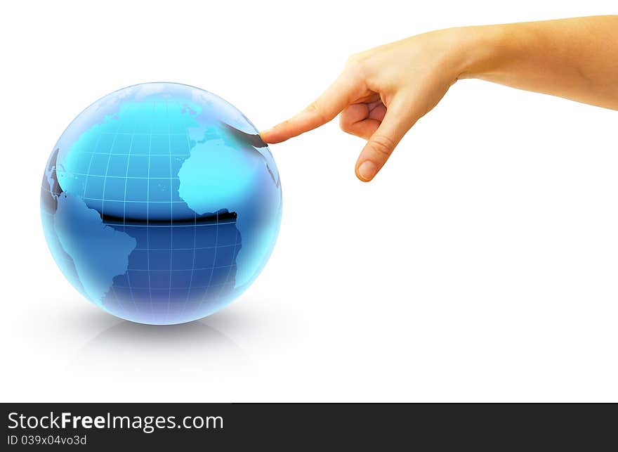 Hand pointing on a globe as holiday destination to Europe. Hand pointing on a globe as holiday destination to Europe