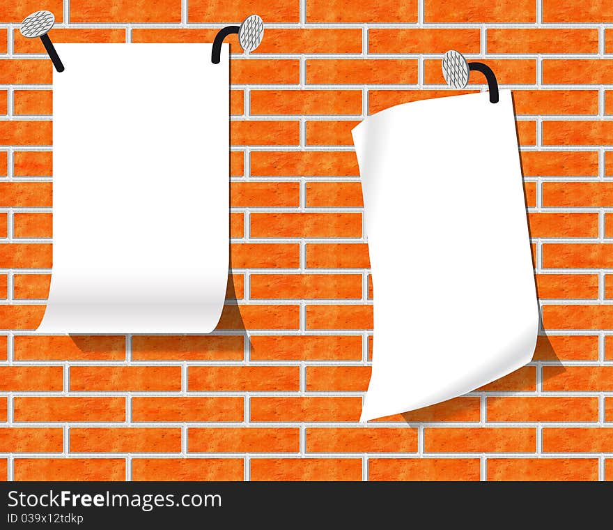 Sheets of paper on a brick wall.