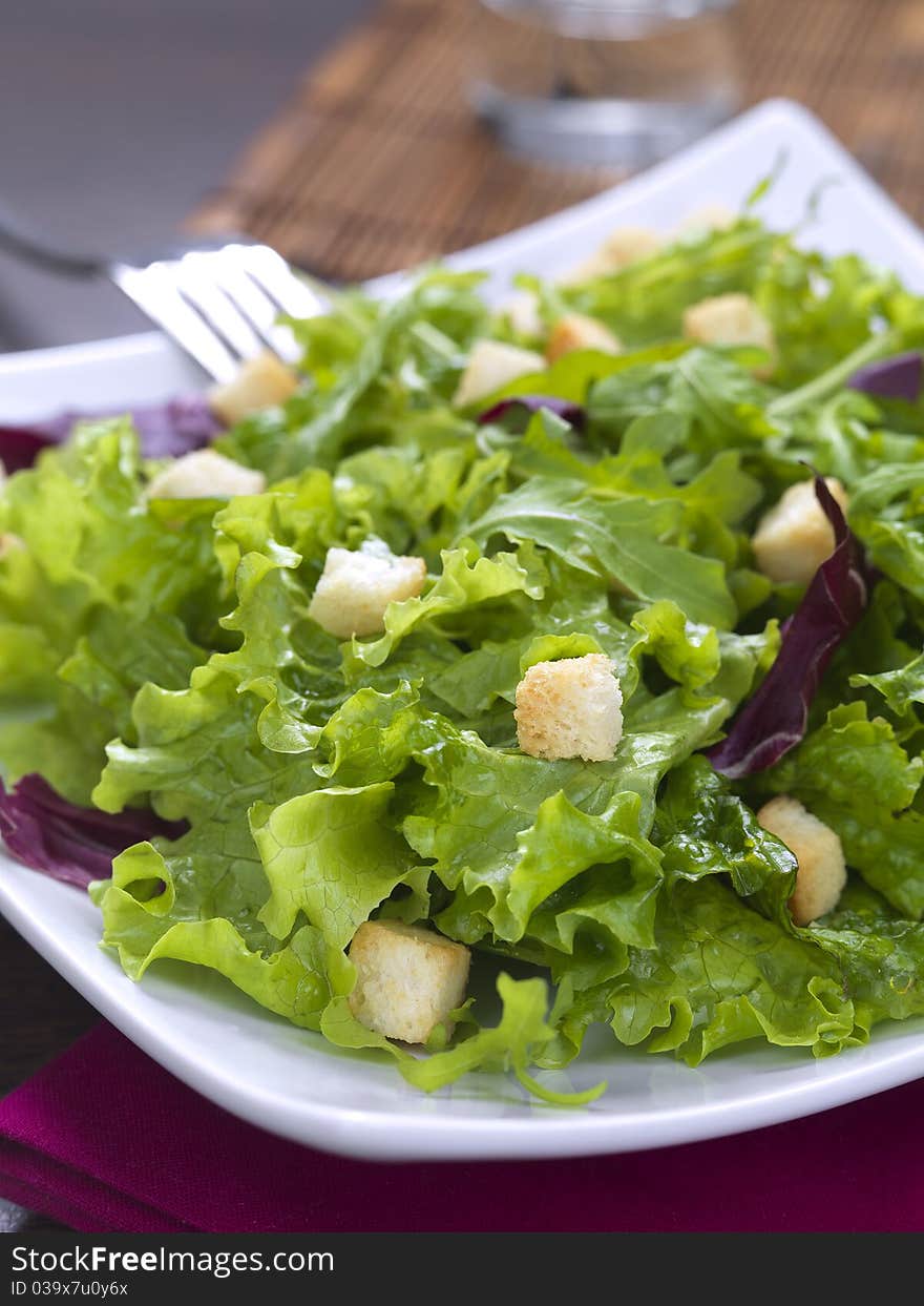 A mixed green vegetable salad with croutons served in a modern way. A mixed green vegetable salad with croutons served in a modern way