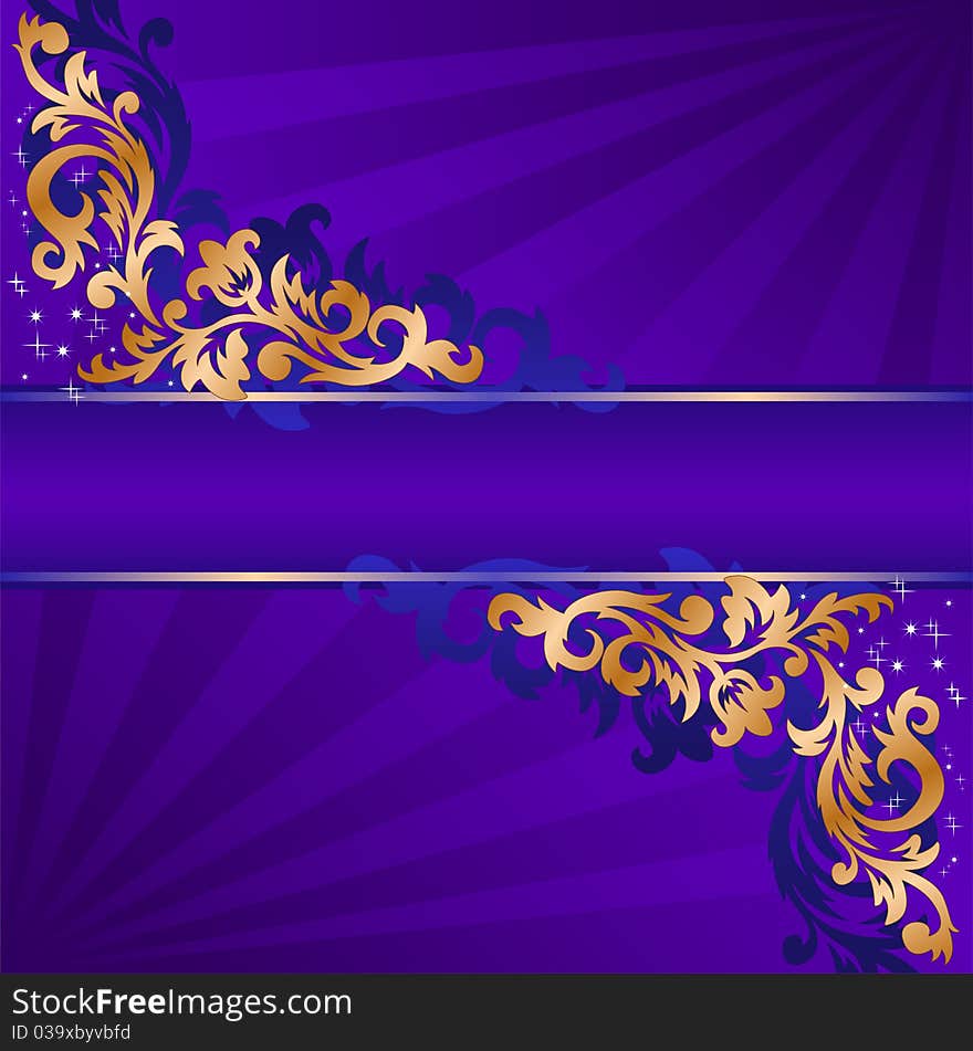 Blue banner with a gold ornate ornaments. Blue banner with a gold ornate ornaments