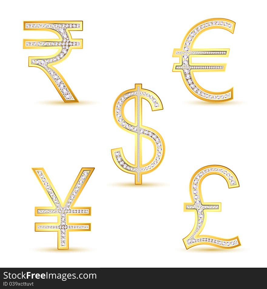 Illustration of different currency in gold embedded with diamond. Illustration of different currency in gold embedded with diamond