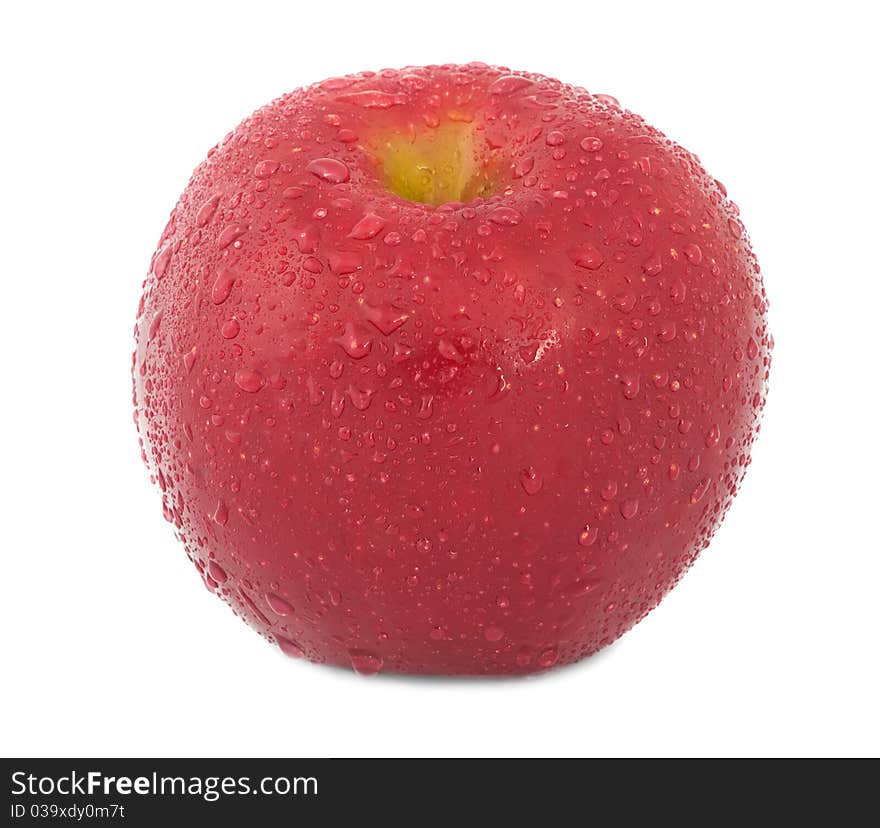 Fresh red apple in dew on a white background