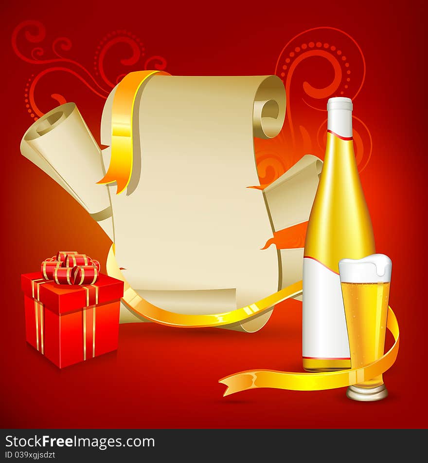 Illustration of invitaion paper with gift box and beer on floral background. Illustration of invitaion paper with gift box and beer on floral background