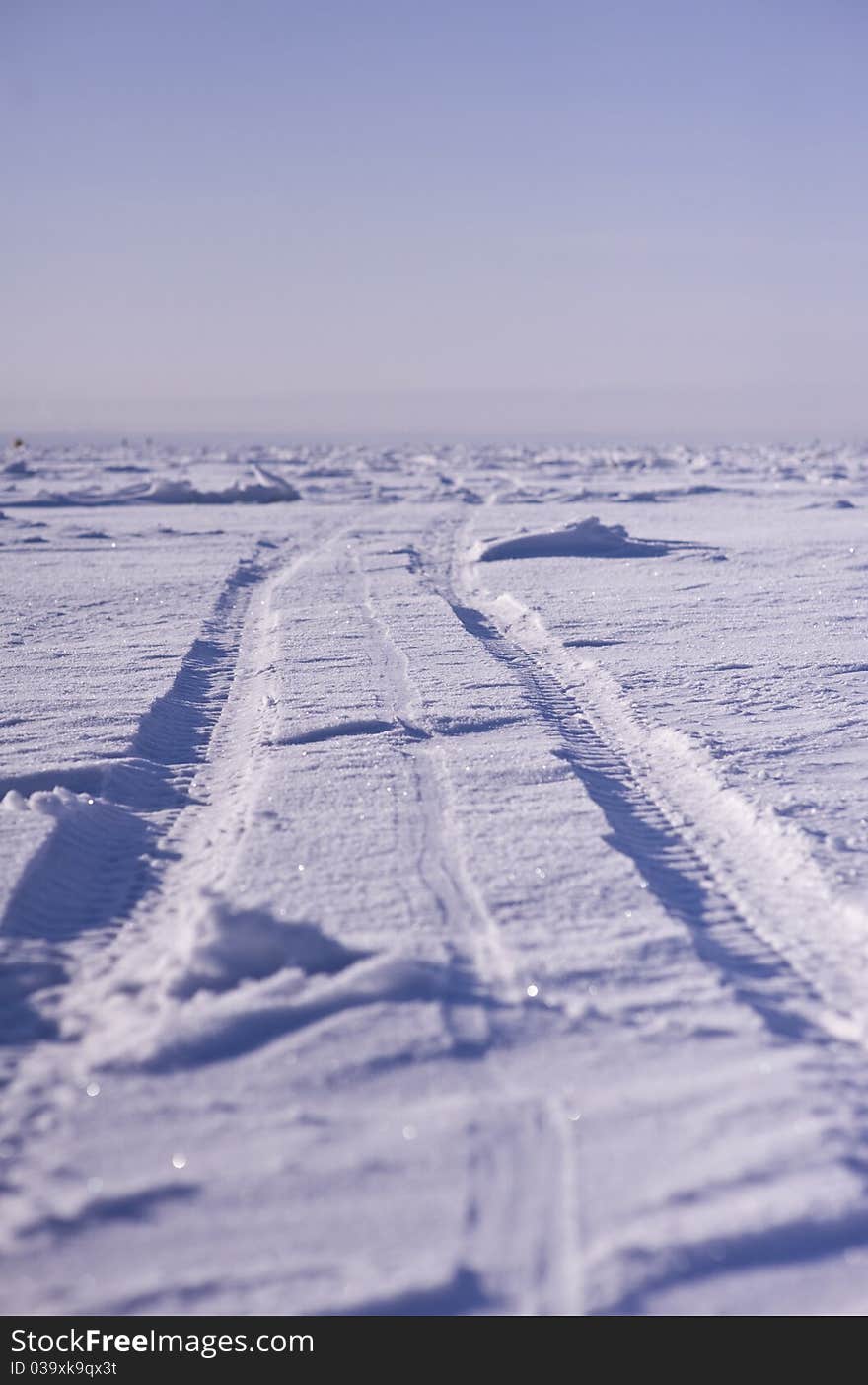 Traces in snow in winter day