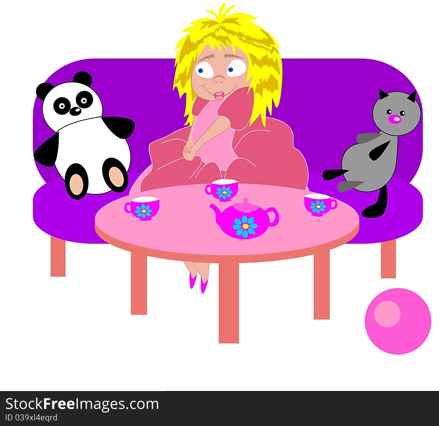 A girl sits on a sofa with toys. A girl sits on a sofa with toys