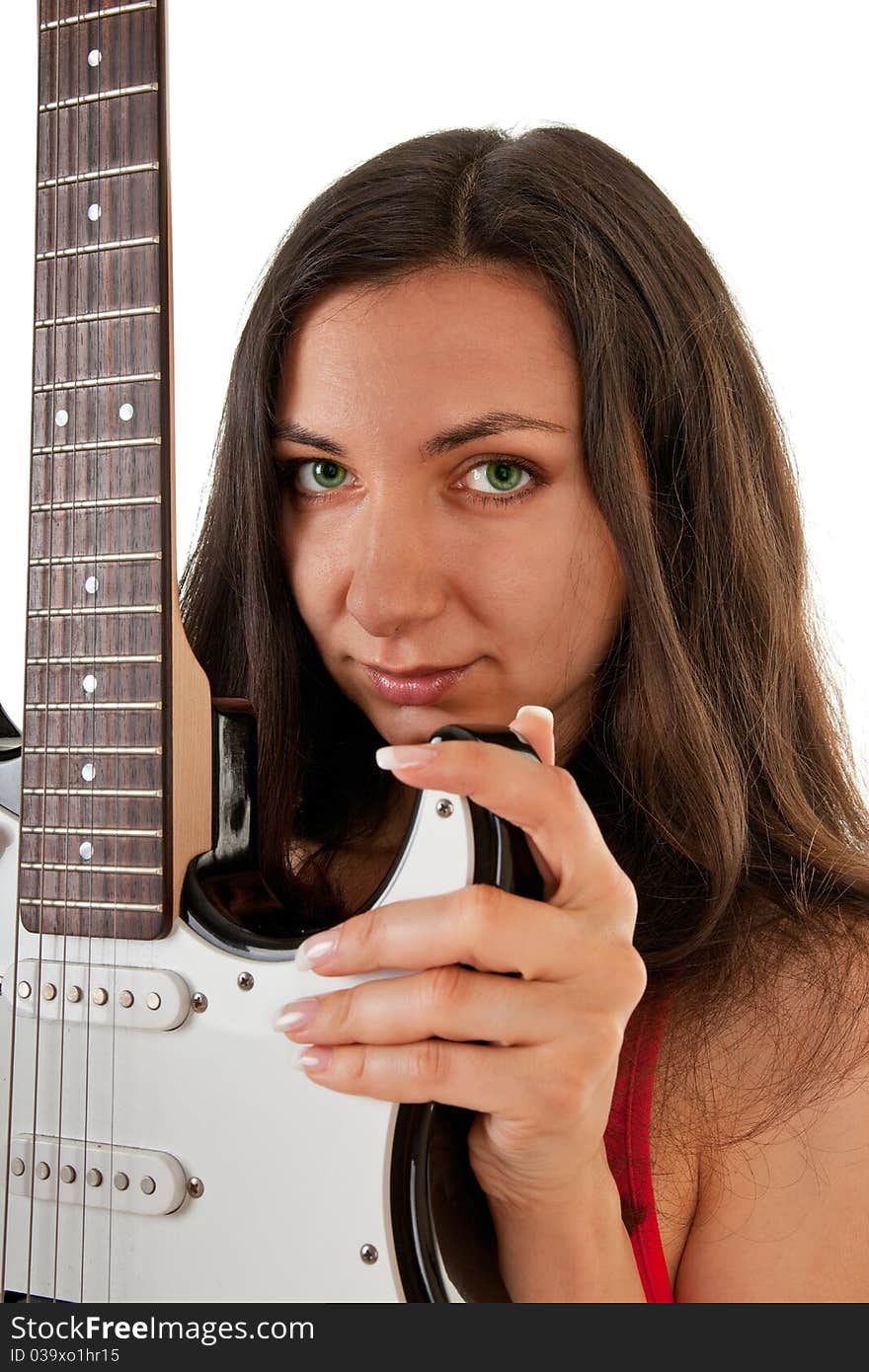 Girl with a guitar on a white background