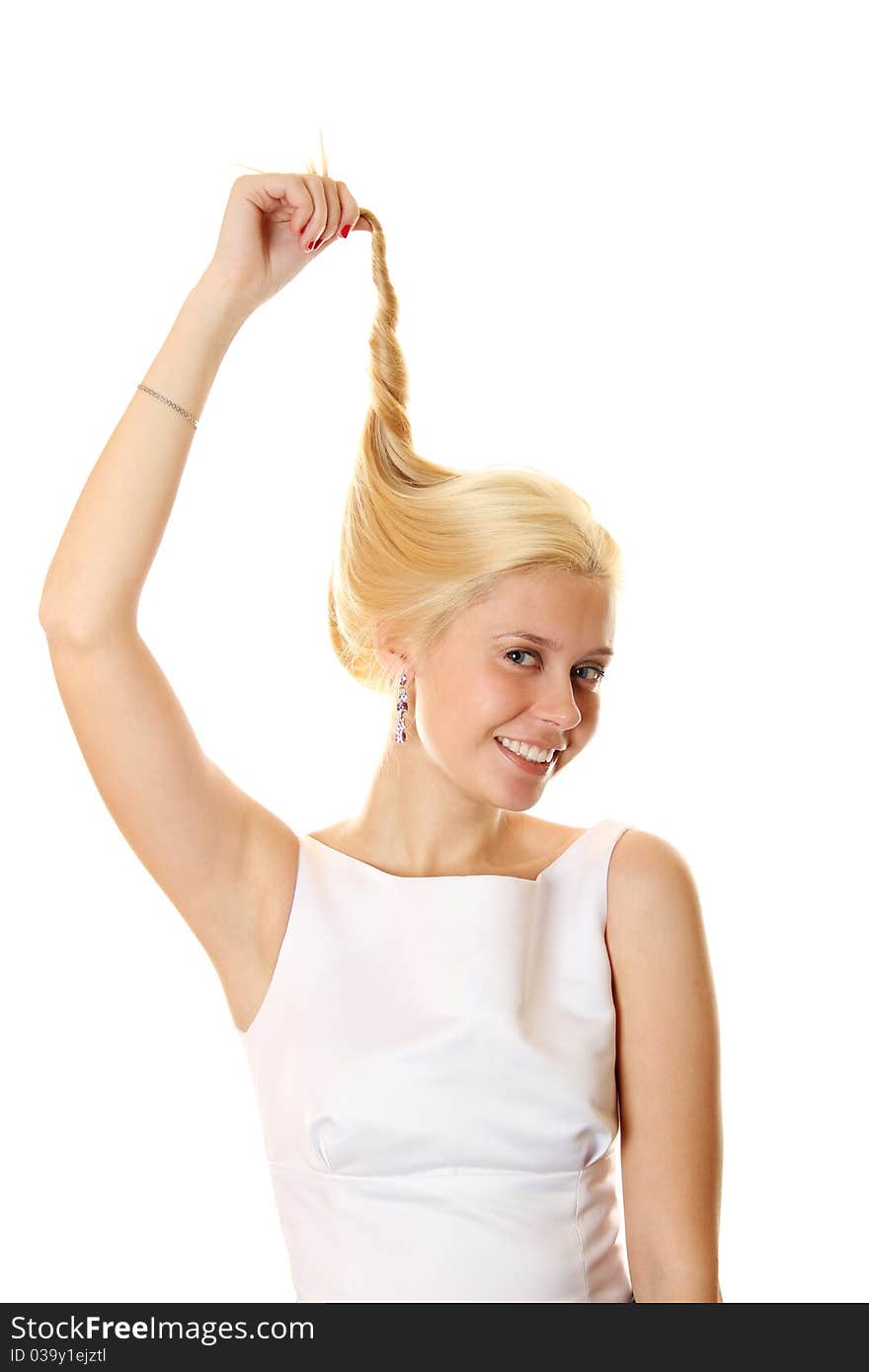 Closeup of a young blond braids healthy beautiful long hair.  Isolated on white. Closeup of a young blond braids healthy beautiful long hair.  Isolated on white