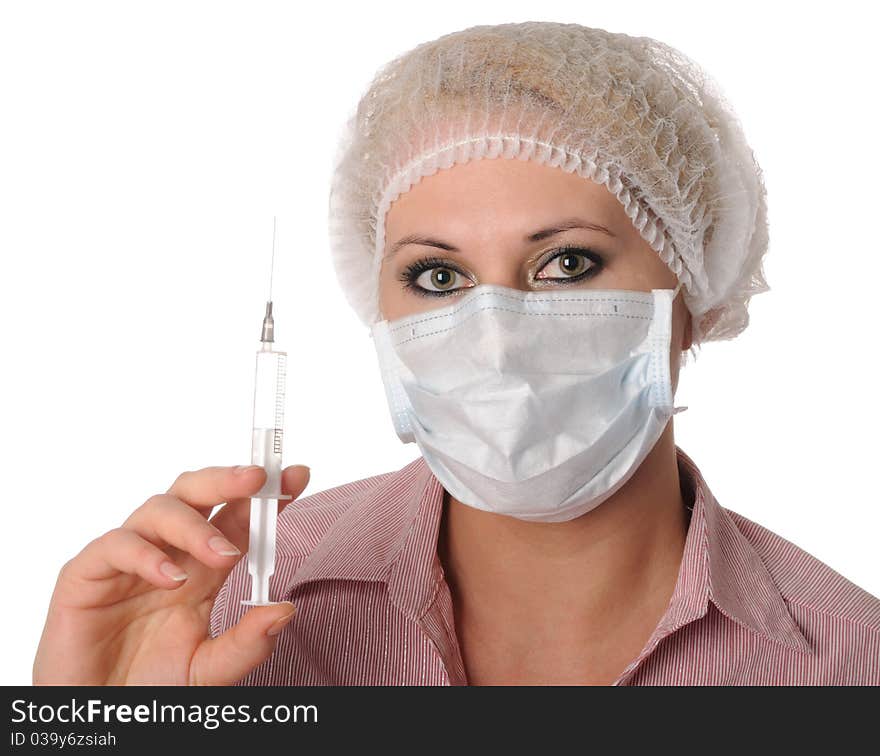 Young doctor with injectionon on a white background