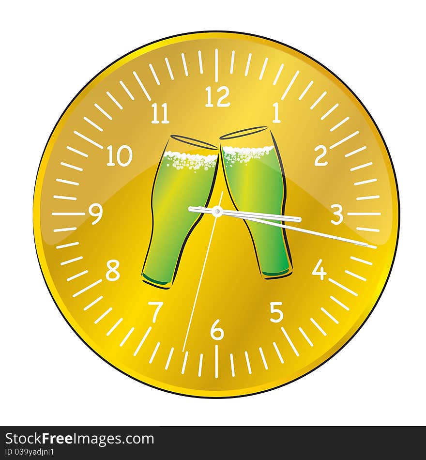 Gold metallic clock with green beer. Gold metallic clock with green beer