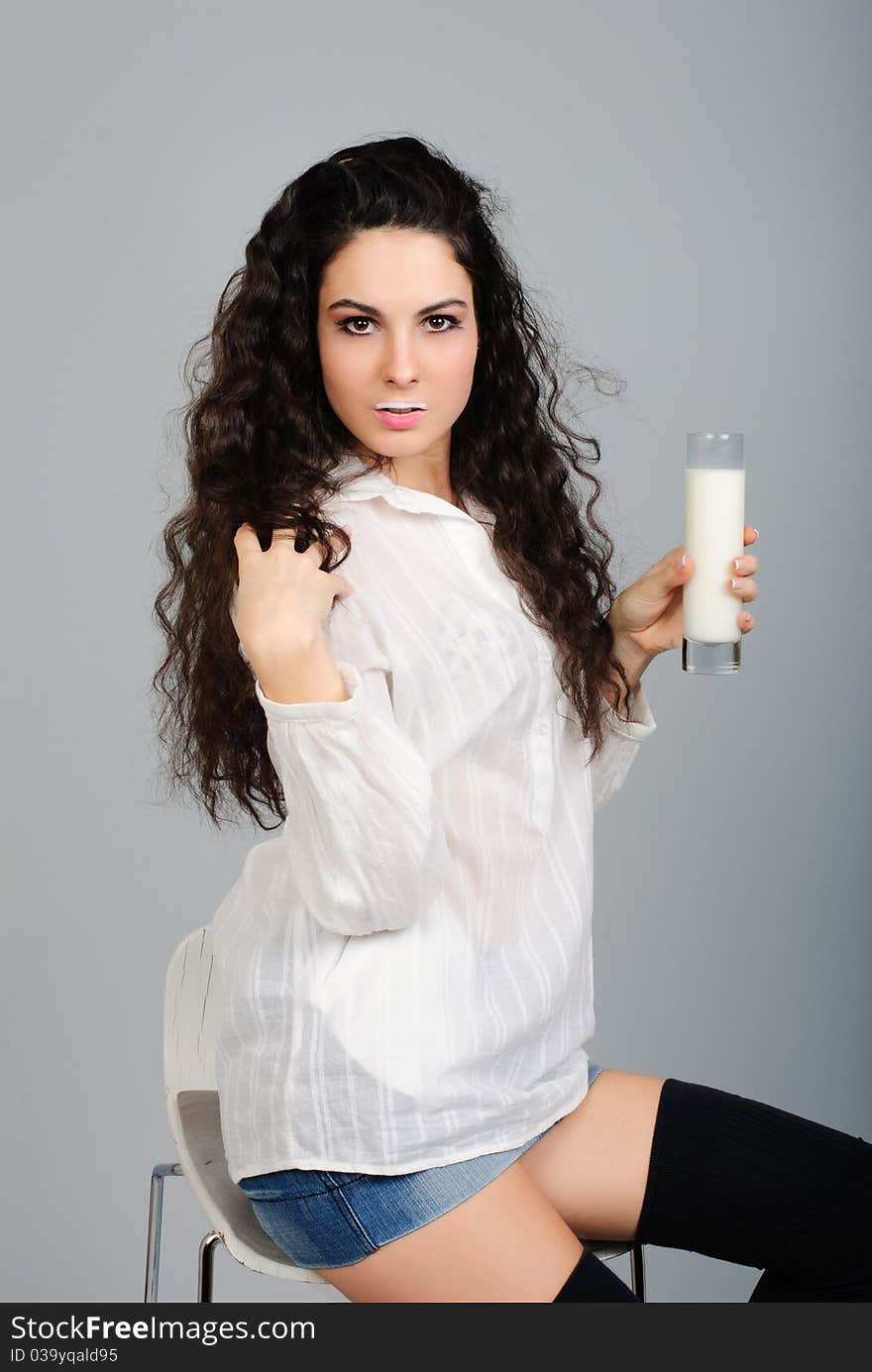 Beautiful Woman With Milk Studio