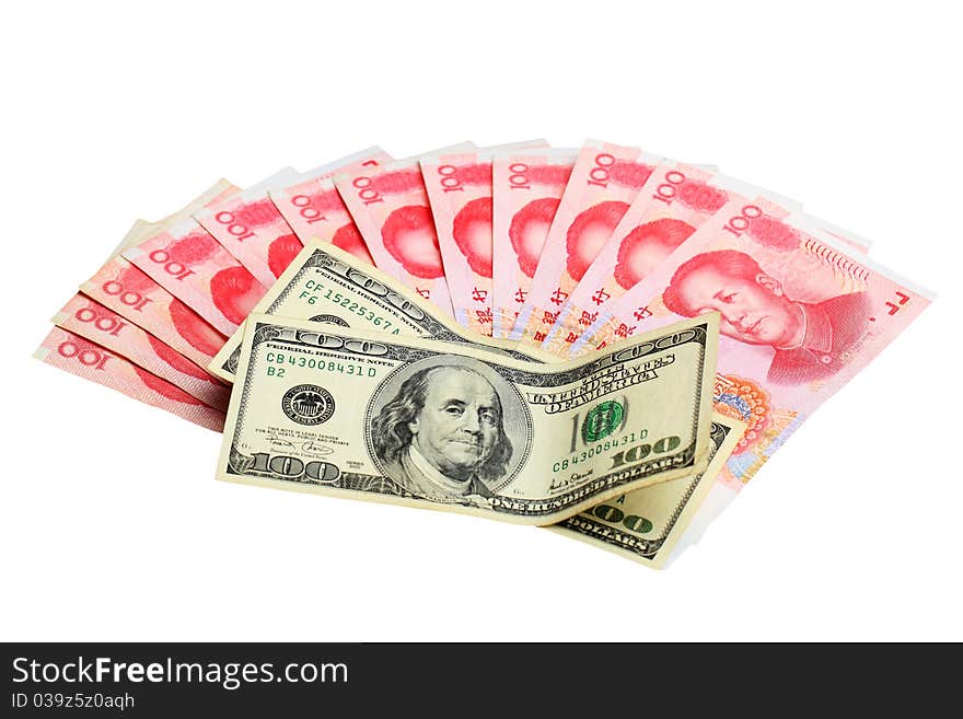 Chinese paper moeny and US dollars. Chinese paper moeny and US dollars