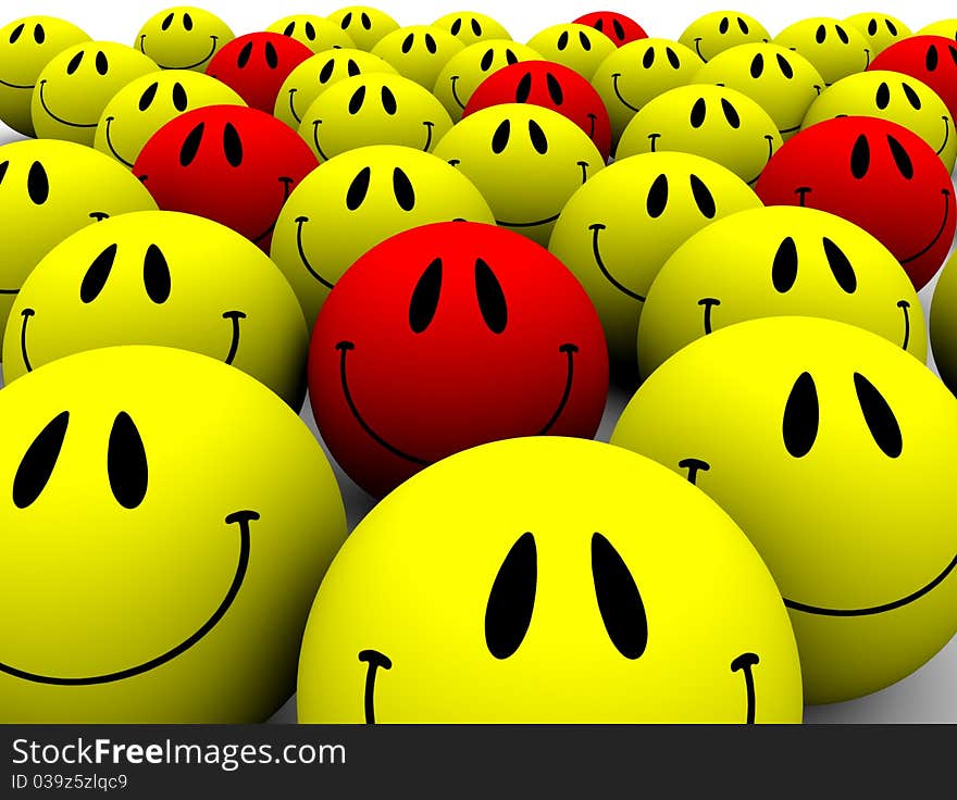 3D group of yellow and red smiles. 3D group of yellow and red smiles