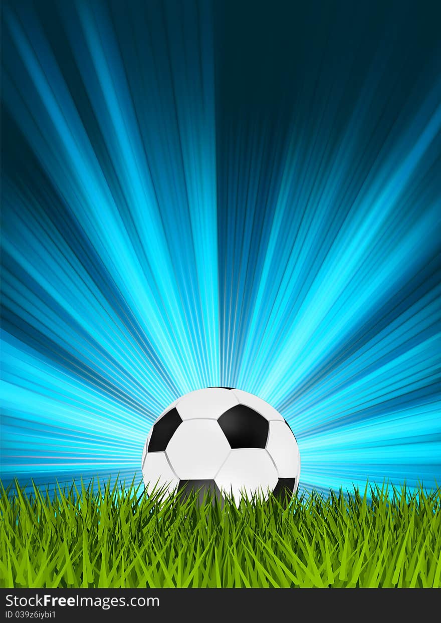 Football or soccer ball on grass with a starburst background. EPS 8 vector file included. Football or soccer ball on grass with a starburst background. EPS 8 vector file included