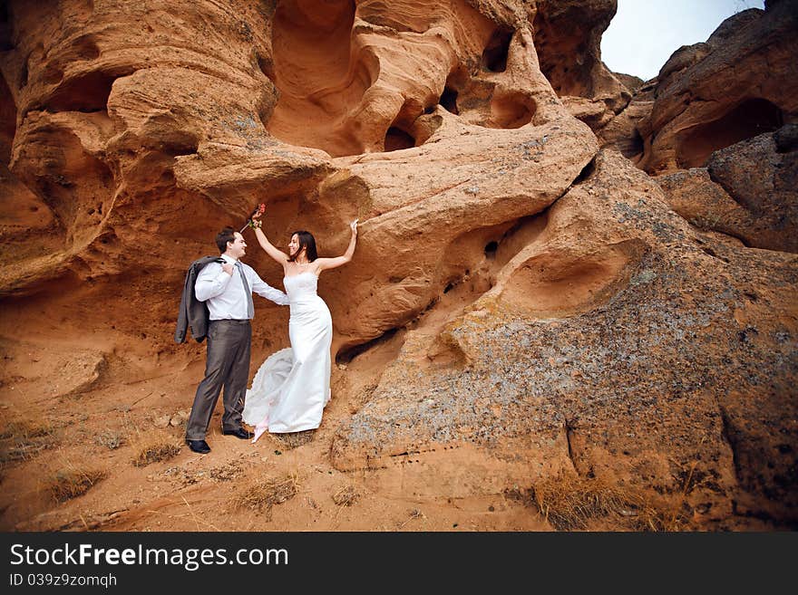 Bride and groom on the mountain. Bride and groom on the mountain