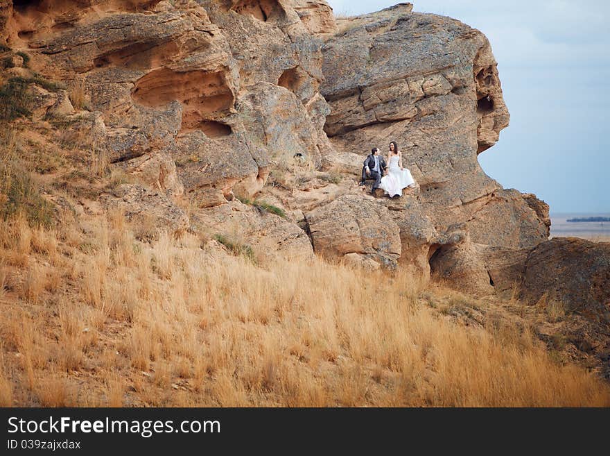 Bride and groom on the mountain. Bride and groom on the mountain