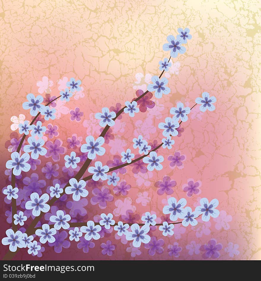 Abstract floral illustration with blue flowers on cracked background