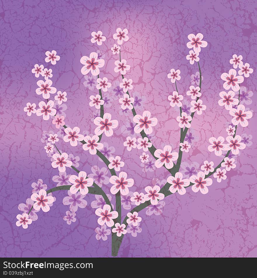 Abstract floral illustration with pink flowers on cracked background