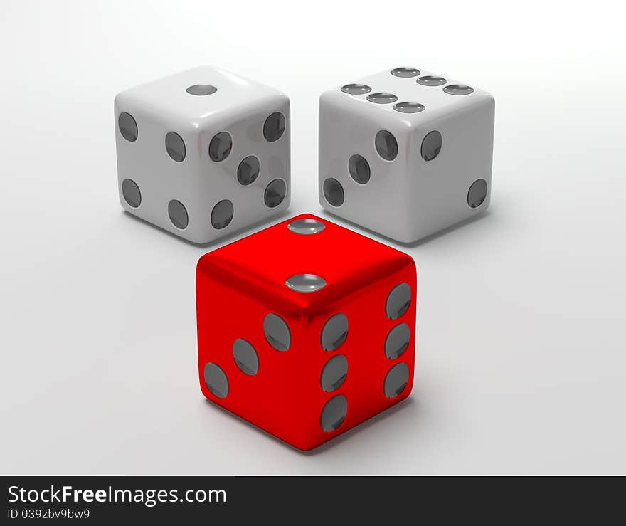 Falling red dices on a white background 3d render. Falling red dices on a white background 3d render