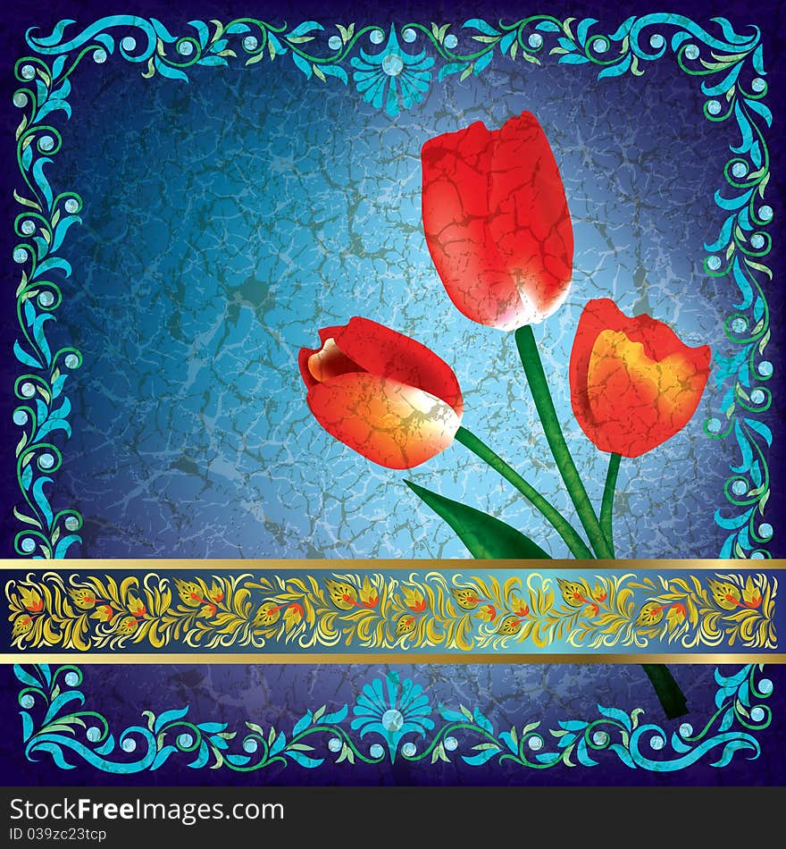 Abstract grunge greeting with red tulips on blue background. Abstract grunge greeting with red tulips on blue background