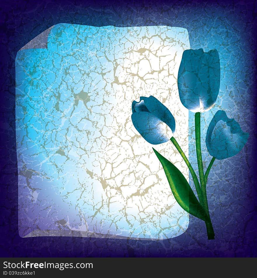 Abstract grunge greeting with tulips on blue background. Abstract grunge greeting with tulips on blue background