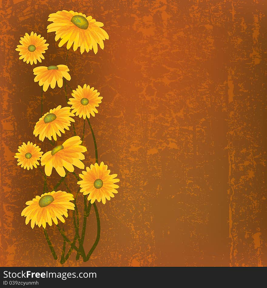 Abstract grunge illustration with camomiles on cracked background. Abstract grunge illustration with camomiles on cracked background