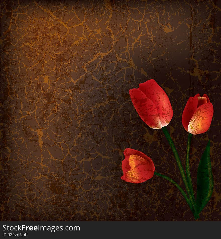 Abstract grunge illustration with red tulips on brown background. Abstract grunge illustration with red tulips on brown background