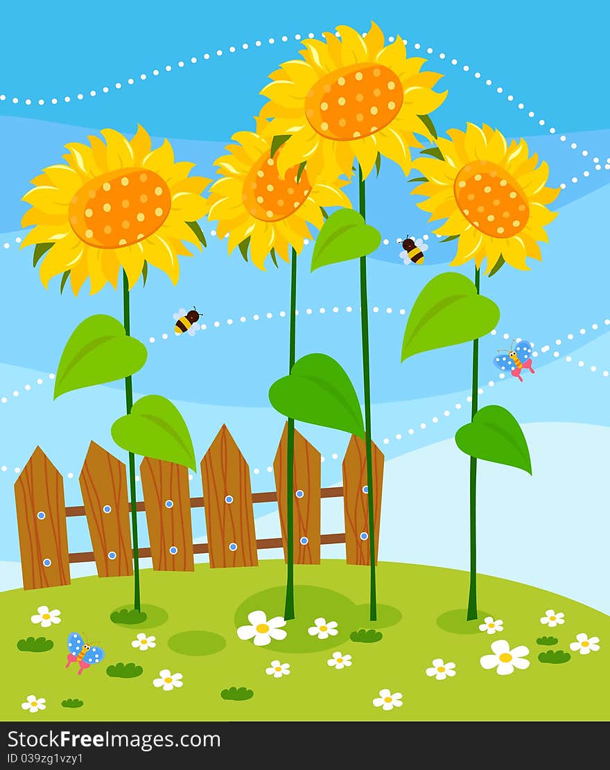 Wooden fence and sunflowers,illustration