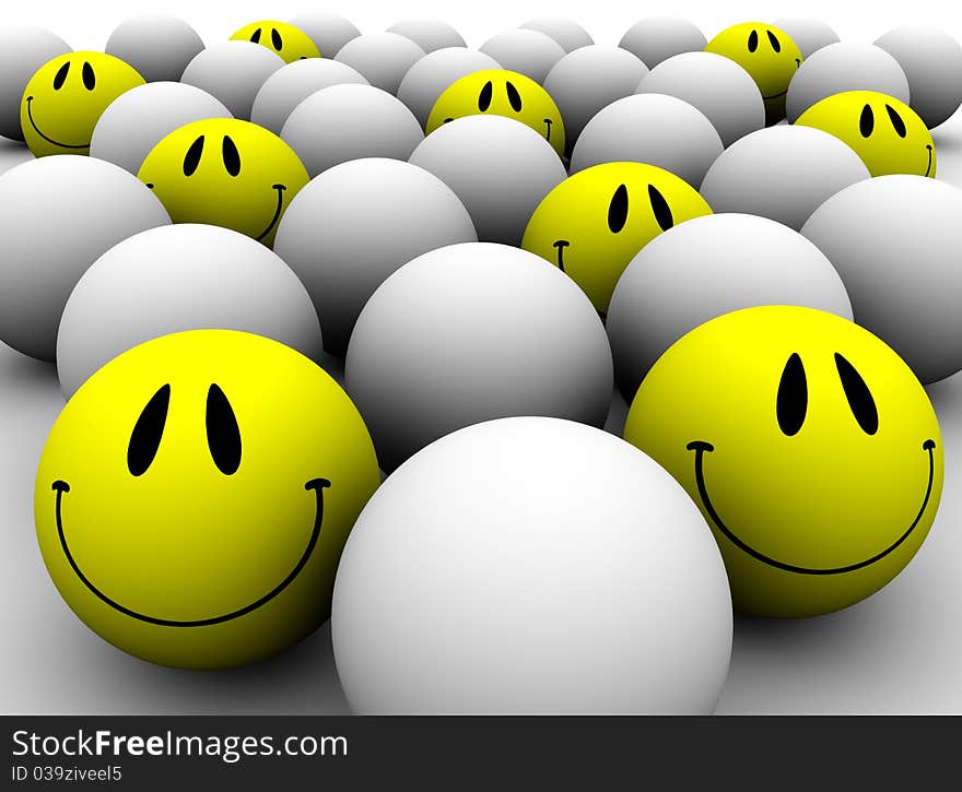 Three dimensional group of yellow and gray smiles. Three dimensional group of yellow and gray smiles