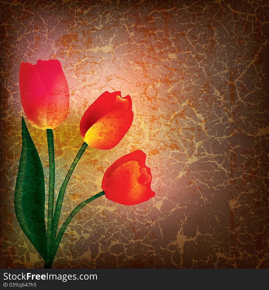 Abstract grunge illustration with tulip on cracked background. Abstract grunge illustration with tulip on cracked background