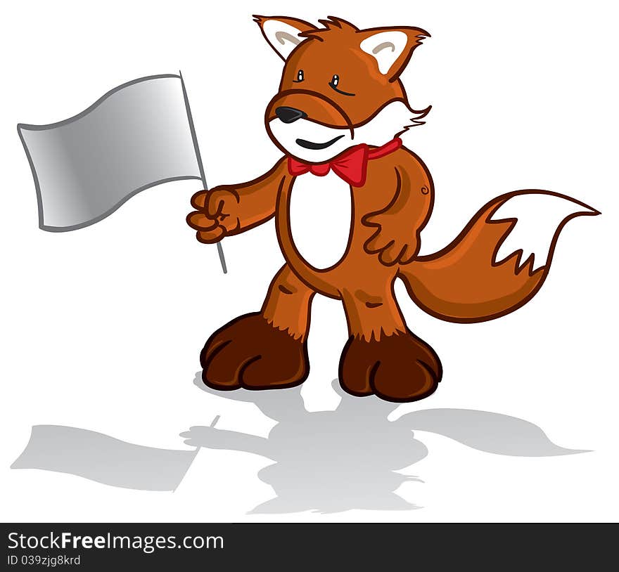 Vector illustration of a fox mascot wearing a bow tie and holding a flag in his hand. Vector illustration of a fox mascot wearing a bow tie and holding a flag in his hand