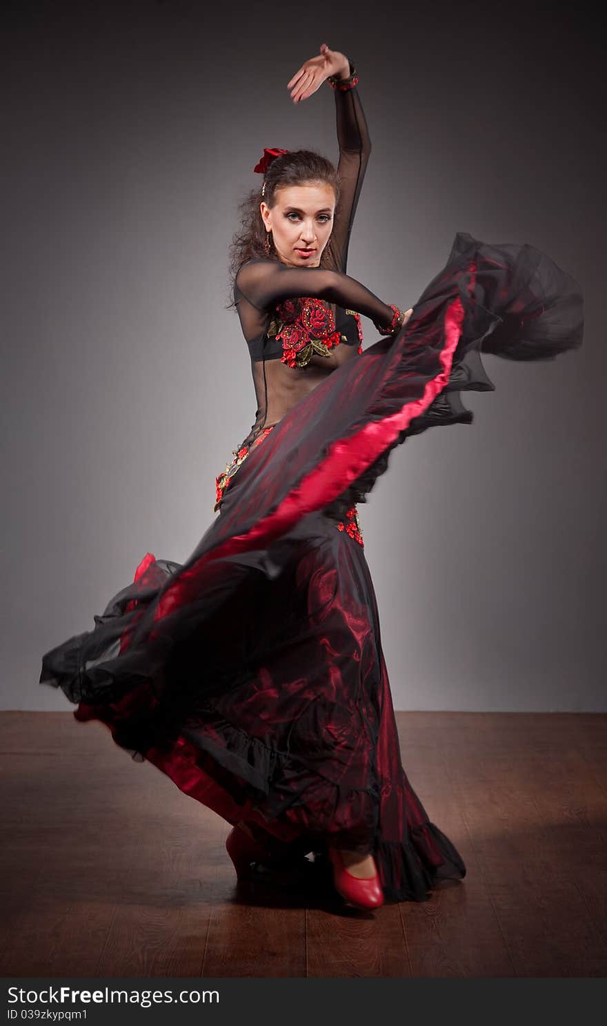 Flamenco dancer in beautiful dress on dark background