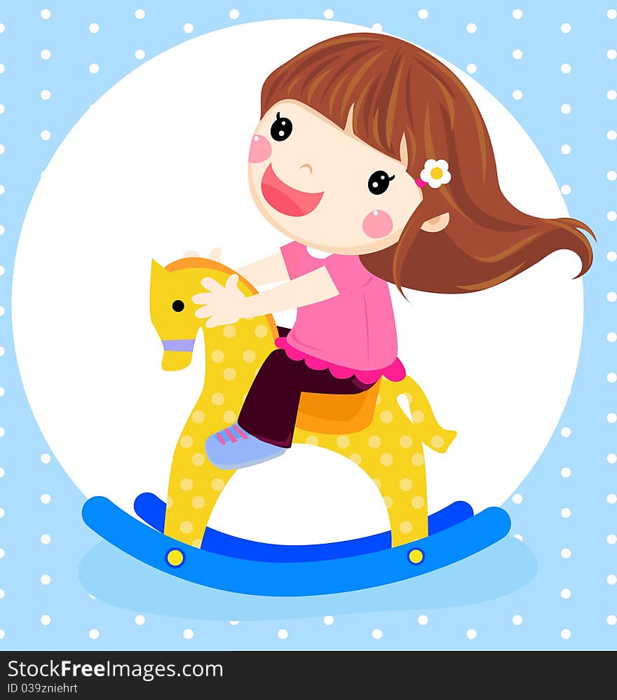 Illustration of a dolly girl on rocking horse