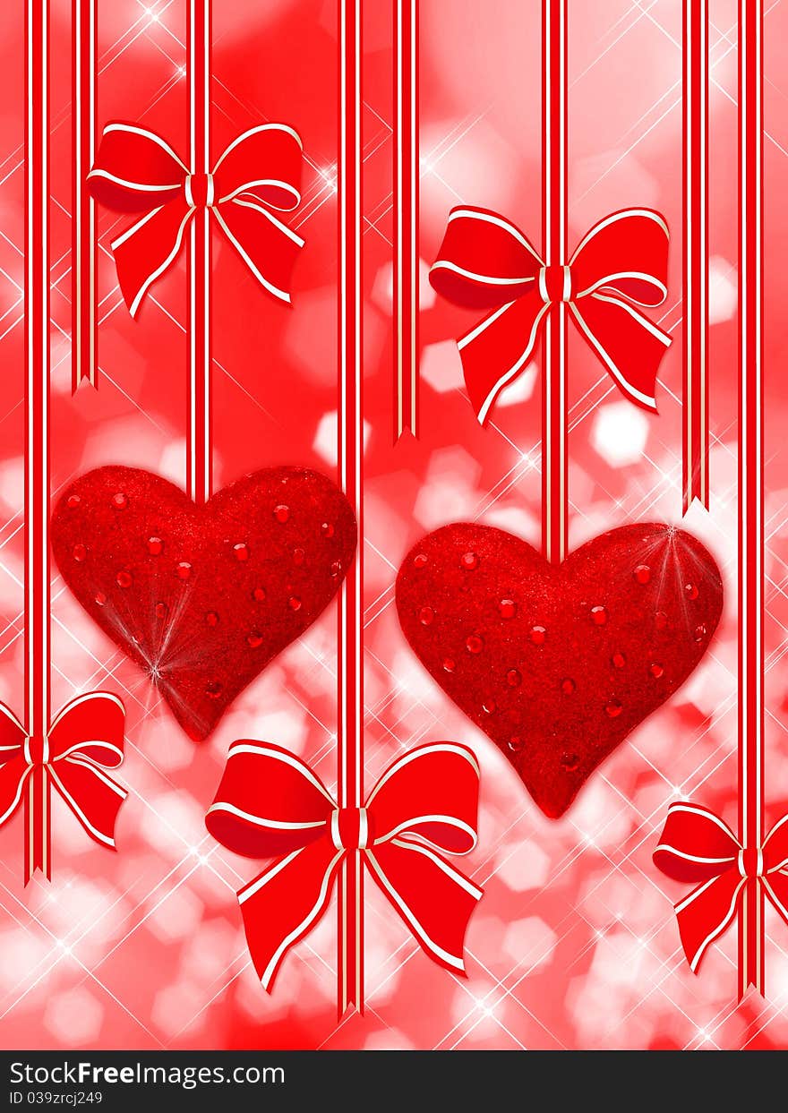 Abstact background of two red hanging hearts. Abstact background of two red hanging hearts