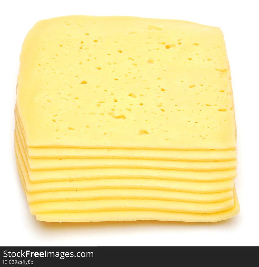 Stack of thin cheese pieces isolated on white background