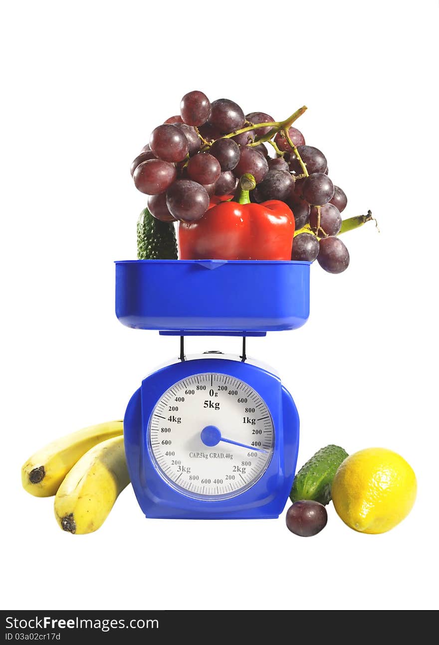 Fruit and vegetables on scales