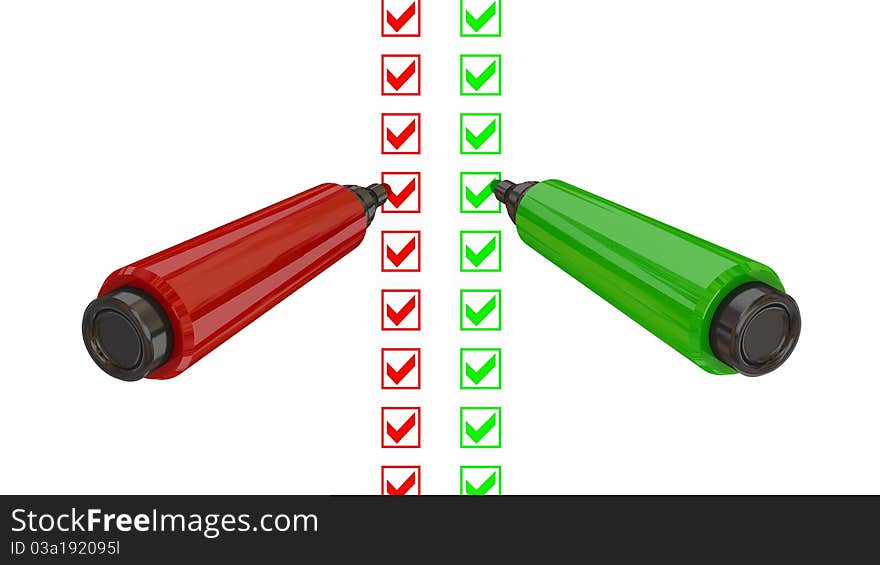 Red and green marker pens. Do your choice concept. Isolated on white.