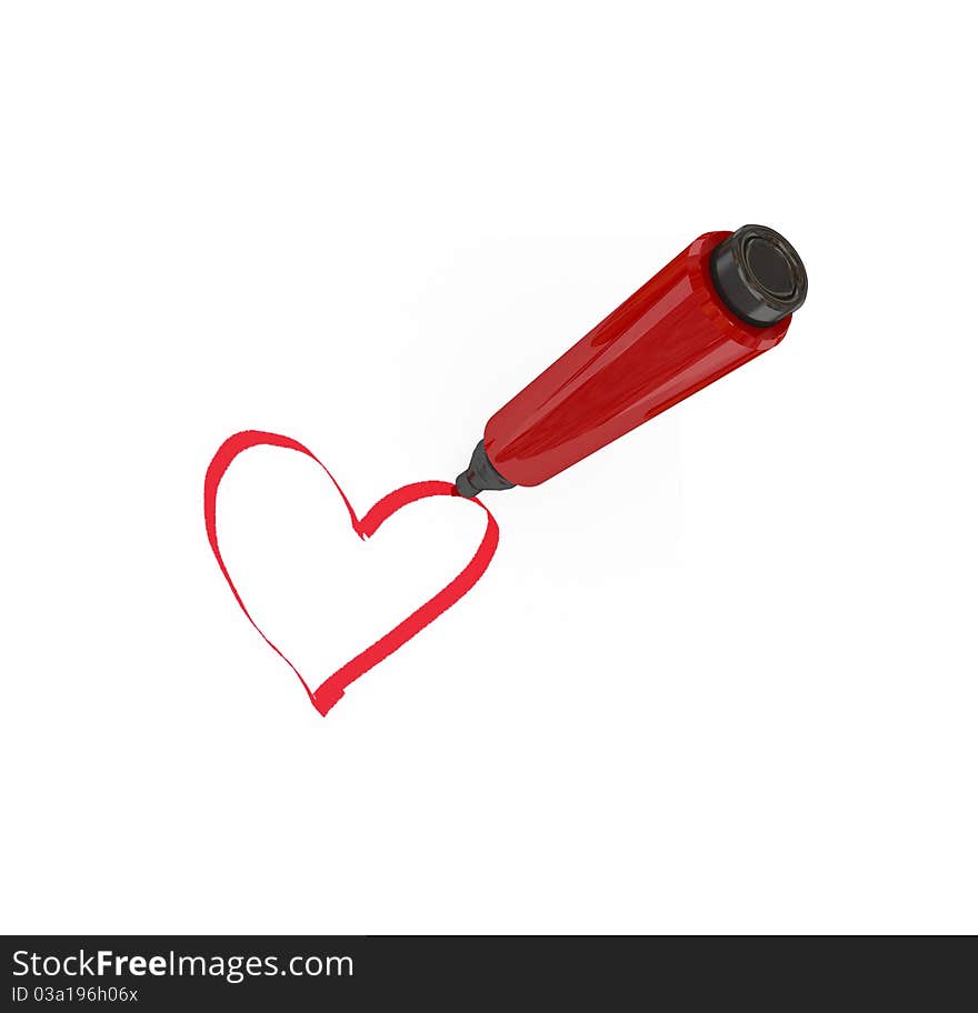 Red marker pen drawing a heart. Isolated on white.