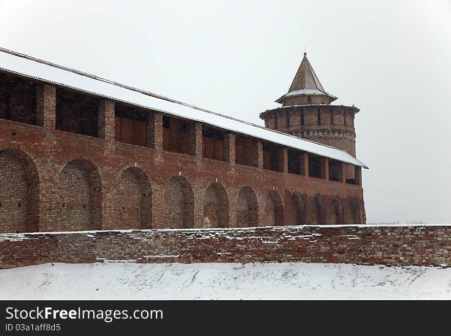 A part of Kremlin wall with tower in Kolomna town, Moscow Region, Russia. A part of Kremlin wall with tower in Kolomna town, Moscow Region, Russia.