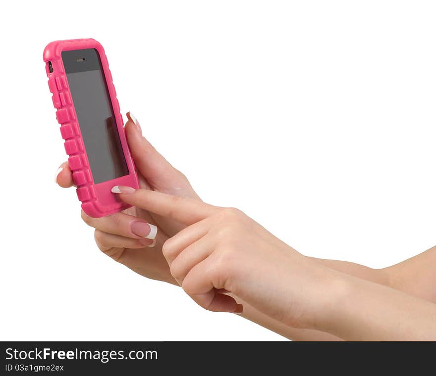 Cellphone in female hand.