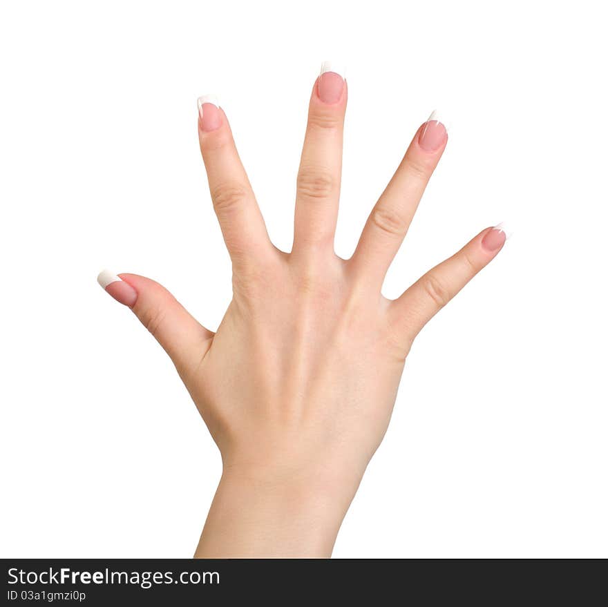 Female hands with French manicure isolated on white background. Female hands with French manicure isolated on white background.