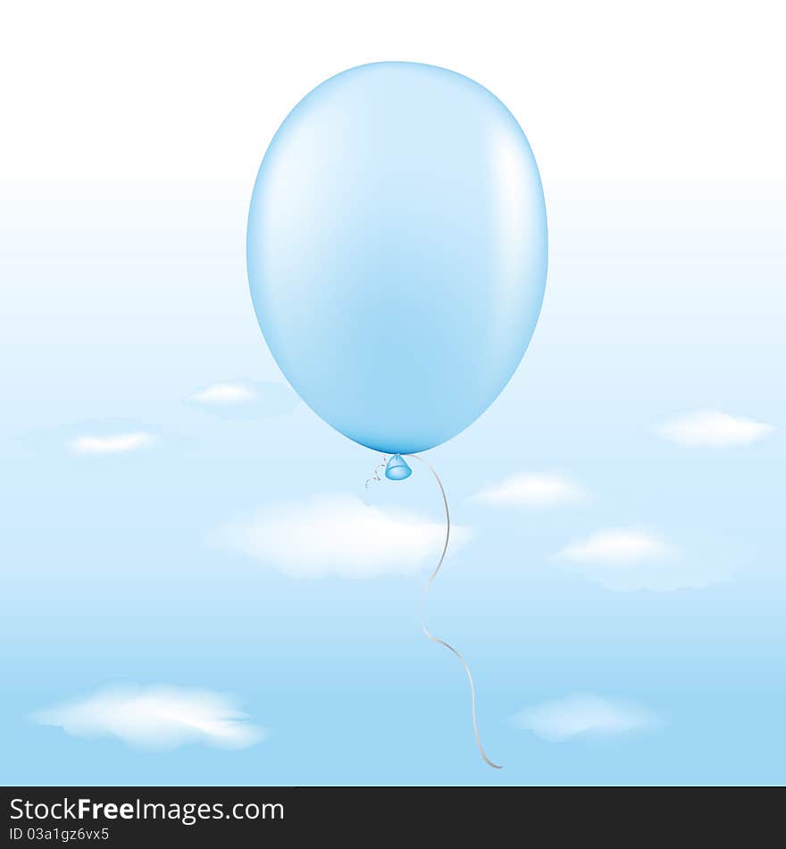 Blue Balloon In Blue Sky With Clouds, Vector Illustration